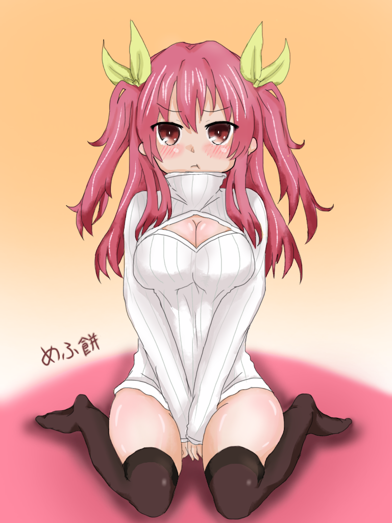 1girl blush breasts cleavage long_hair open-chest_sweater rakudai_kishi_no_cavalry red_eyes redhead ribbon solo stella_vermillion sweater thigh-highs
