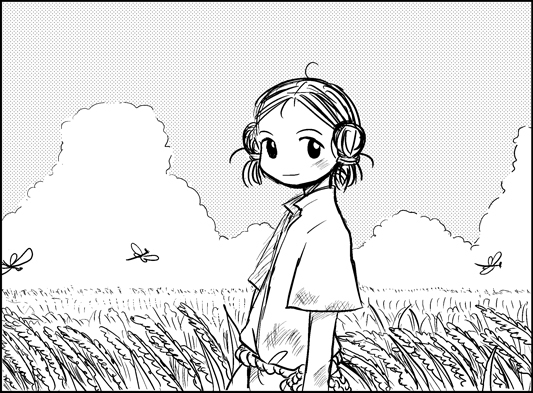 1boy do_do_goki dragonfly field insect male_focus monochrome nature original outdoors plant sky solo yayoi_period