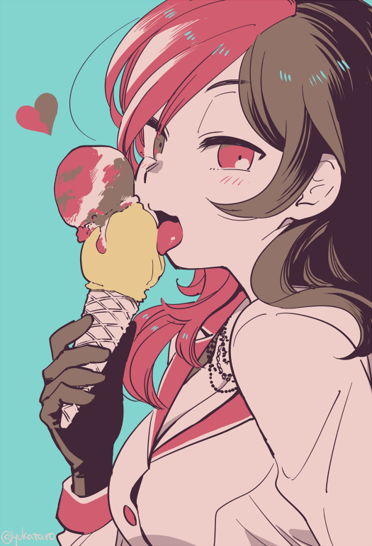 &lt;3 1girl flat_color food ice_cream licking looking_at_viewer multicolored_hair namesake neo_(rwby) open_mouth rwby simple_background solo tongue yukataro