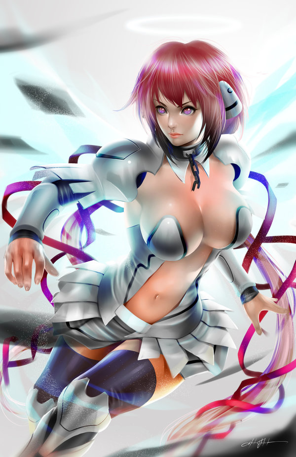 1girl angel_wings bangs boots breasts brown_eyes chains cleavage collar detached_sleeves feathered_wings female full_body grey_background highres huge_breasts ikaros knee_boots large_breasts long_hair long_sleeves navel navel_cutout parted_lips pink_hair pink_lips ribbon solo sora_no_otoshimono thigh-highs twintails very_long_hair wings