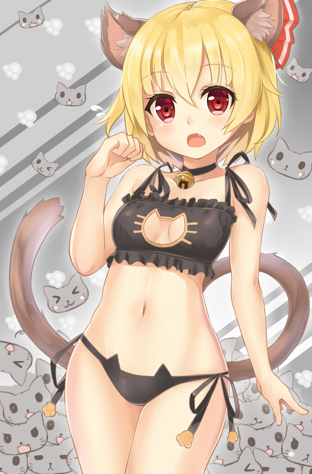 &gt;_&lt; 1girl :3 animal_ears bell bell_choker black_bra black_panties bra breasts cat cat_cutout cat_ear_panties cat_ears cat_lingerie cat_teaser choker cleavage_cutout closed_eyes collarbone fang hair_ribbon highres kemonomimi_mode looking_at_viewer navel one_eye_closed open_mouth panties paw_pose paw_print red_eyes ribbon rumia shiron_(e1na1e2lu2ne3ru3) side-tie_panties solo too_many too_many_cats touhou underwear underwear_only