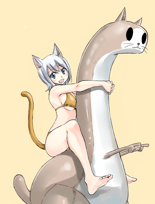 1girl barefoot bikini blue_eyes breasts cat_ears cat_tail cleavage fairy_tail feet large_breasts lisanna_strauss looking_at_viewer mashima_hiro official_art swimsuit tail white_hair
