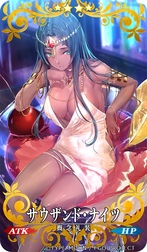 1girl akasaai bangs black_hair breasts craft_essence_(fate) dark-skinned_female dark_skin facial_mark fate/grand_order fate_(series) green_eyes large_breasts long_hair looking_at_viewer parted_bangs scheherazade_(fate) thick_thighs thighs translated