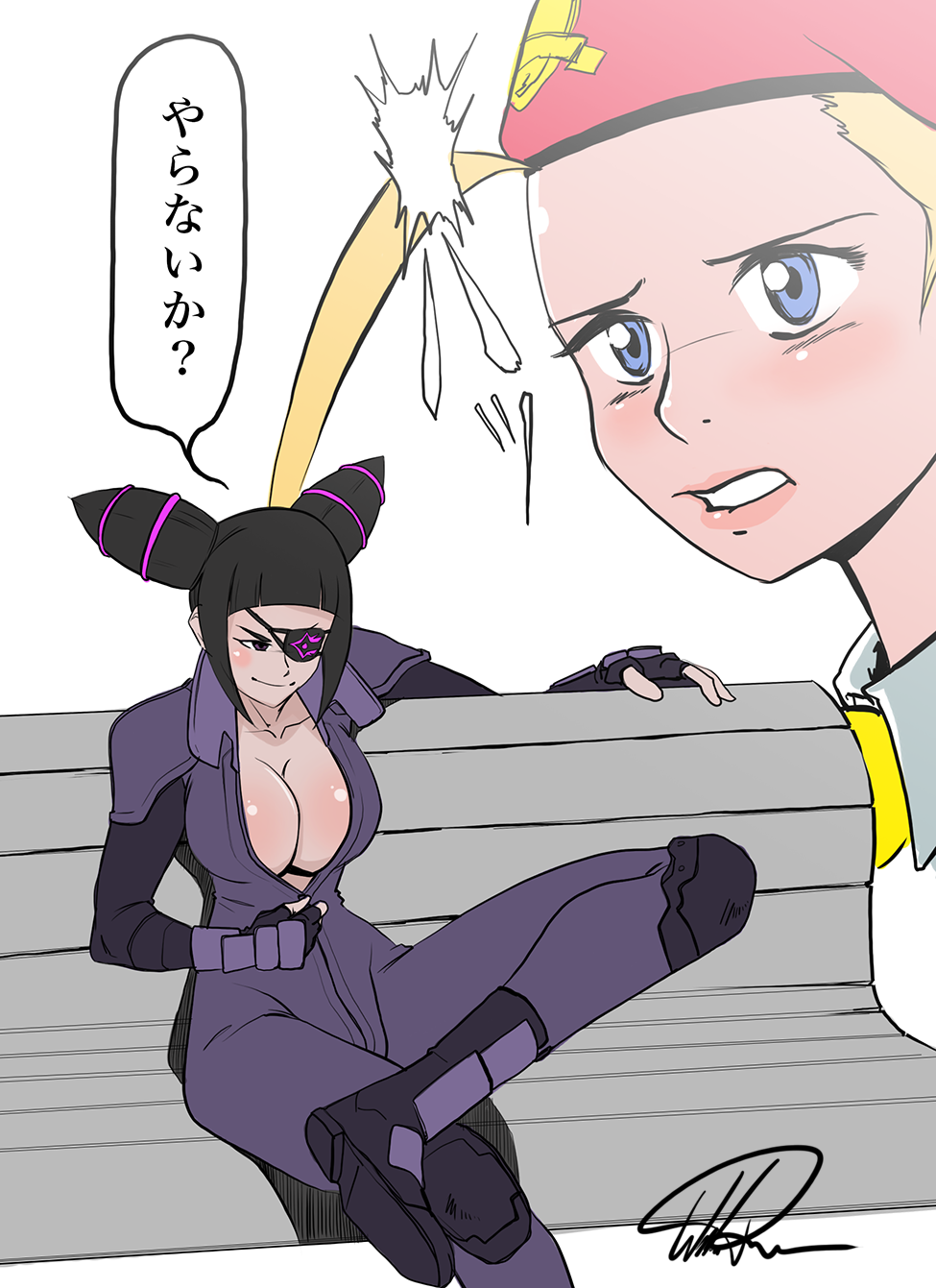 2boys 2girls alternate_costume bench beret black_hair blonde_hair blue_eyes bodysuit breasts cammy_white capcom cleavage drill_hair eyepatch han_juri hat highres kuso_miso_technique large_breasts meme multiple_boys multiple_girls parody short_twintails sitting street_fighter street_fighter_v twin_drills twintails unzipped violet_eyes william_ruzicka yaranaika
