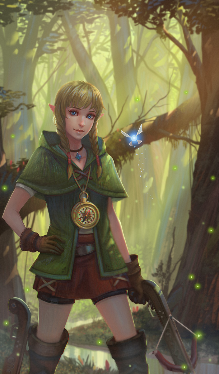 1girl blonde_hair blue_eyes bow_(weapon) compass crossbow fairy fireflies forest hood jewelry linkle looking_at_viewer nature navi necklace nintendo pointy_ears shorts_under_skirt the_legend_of_zelda thigh-highs thigh_boots tree twin_braids weapon yagaminoue zelda_musou