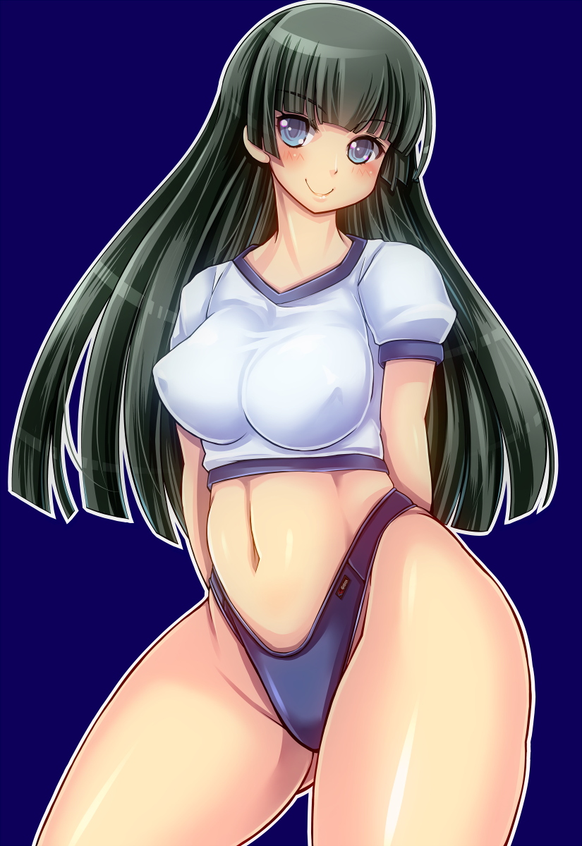 1girl arms_behind_back black_hair blue_eyes blush borrowed_character breasts curvy erect_nipples female highres large_breasts long_hair looking_at_viewer nanashi_mushi navel original perky_breasts shiny shiny_skin shipo_aki shirt simple_background smile solo standing swimsuit thick_thighs wide_hips