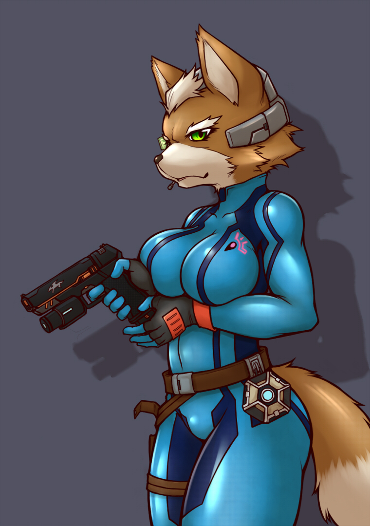 1girl 2016 340m/sec bodysuit crossover fox_mccloud furry genderswap gloves green_eyes headset latex metroid nintendo star_fox tail weapon