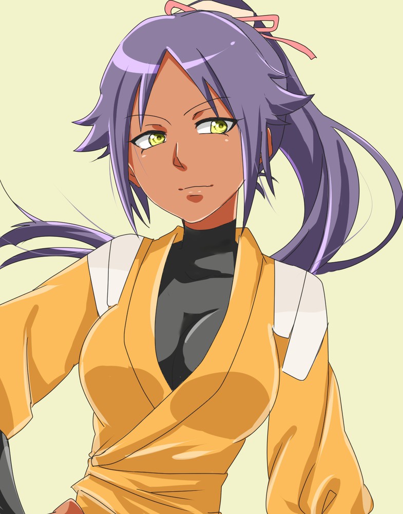 1girl artist_request bleach breasts cleavage hair_ornament long_hair ponytail purple_hair ribbon shihouin_yoruichi smile spandex tan tan_skin vest yellow_eyes