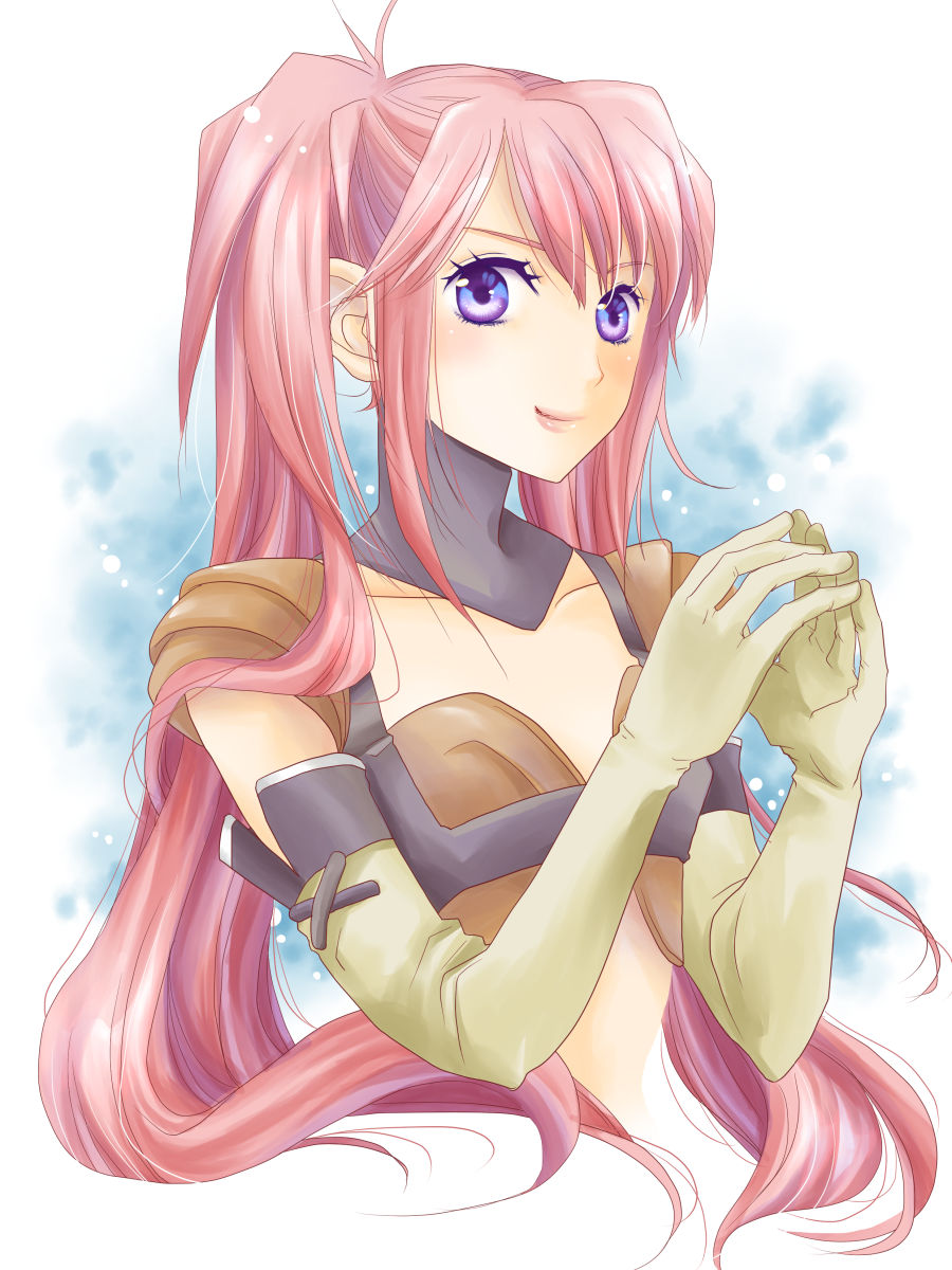 1girl blush breasts choker elbow_gloves gloves lips long_hair nanaly_fletch redhead smile tales_of_(series) tales_of_destiny_2 twintails violet_eyes