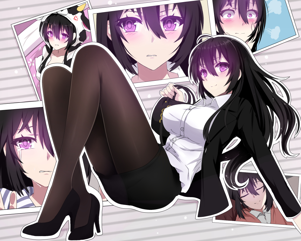 1girl beifeng_han black_hair hair_between_eyes high_heels legs long_hair looking_at_viewer miyaura_sanshio original pantyhose shirt skirt smile solo violet_eyes