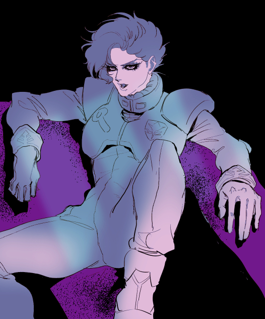 1boy angelo_sauper black_background boots chiitaki eyelashes frown gloves gundam gundam_unicorn knee_up looking_at_viewer male_focus monochrome open_mouth pilot_suit sitting solo spread_legs wavy_hair