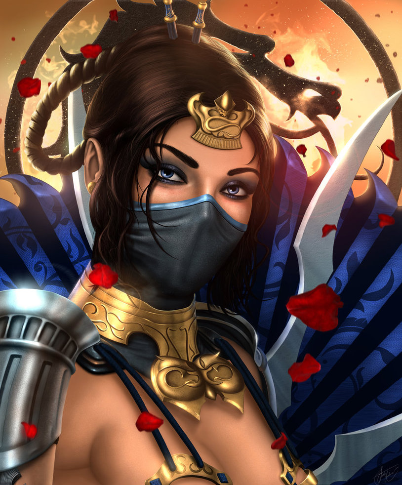 1girl armlet braid breasts bridal_gauntlets brown_hair cleavage earrings face_mask fan fighting_stance folding_fan hair_ornament half_mask highres jewelry kitana looking_at_viewer makeup mask mortal_kombat mountain multiple_braids realistic revealing_clothes solo toned weapon