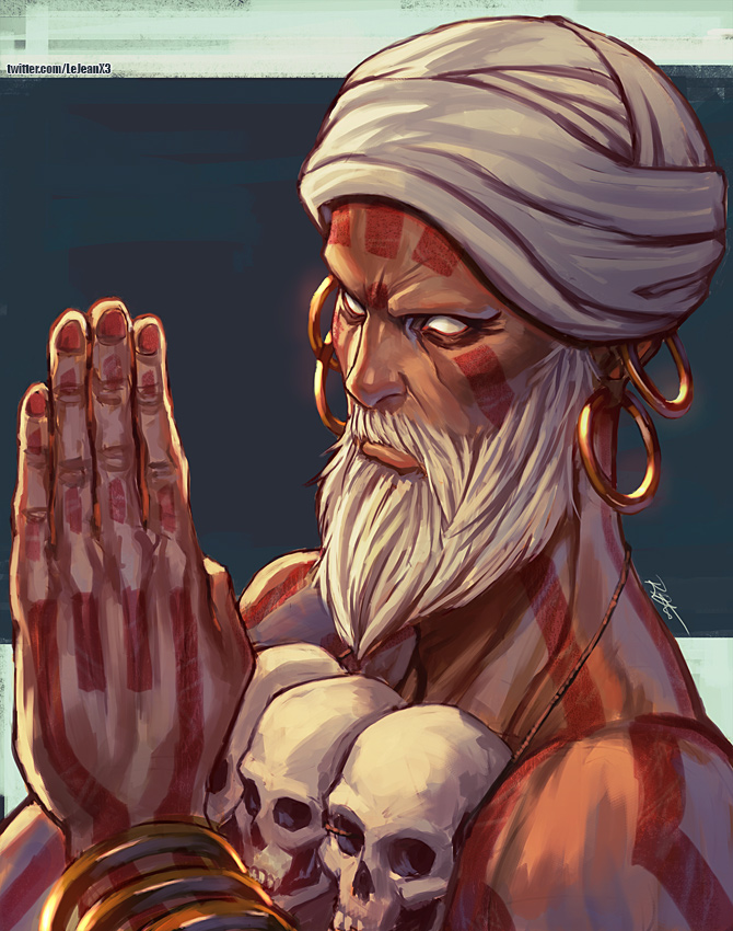 1boy beard capcom dark_skin dhalsim earrings facial_hair hands_together jewelry old rejean_dubois skull solo street_fighter street_fighter_v tattoo turban white_eyes white_hair