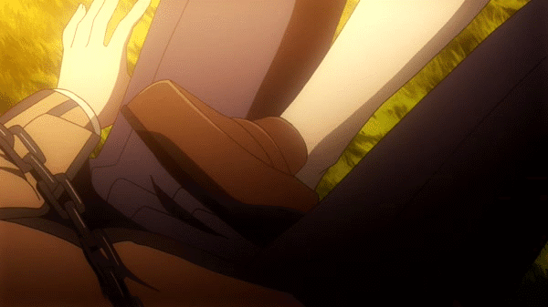 1boy 1girl animated animated_gif black_eyes black_hair brown_hair chains character_request dress femdom freezing_(series) grinding leash looking_down lying open_mouth outside restrained shoes short_hair sky stepped_on tamakeri thigh-highs upskirt
