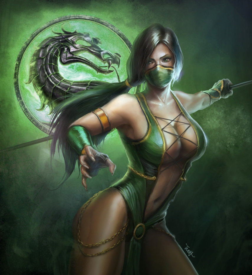 1girl armlet armpits bare_legs bare_shoulders breasts choker cleavage cross-laced_clothes dark_skin elbow_gloves female gloves green_clothes green_eyes half_mask highres holding holding_weapon jade_(mortal_kombat) large_breasts legs long_hair looking_at_viewer mask midway_(company) mortal_kombat mortal_kombat_4 mortal_kombat_armageddon mortal_kombat_deadly_alliance mortal_kombat_deception mortal_kombat_ii mortal_kombat_trilogy navel neck no_bra ponytail realistic reclining revealing_clothes sktneh solo staff standing toned ultimate_mortal_kombat_3 weapon