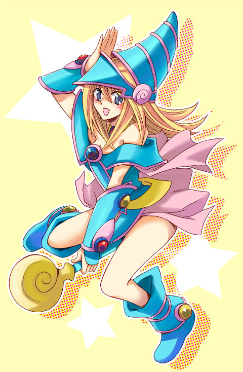 1girl bare_shoulders blonde_hair breasts dark_magician_girl duel_monster female green_eyes haruka_(siaru) hat legs long_hair looking_at_viewer magical_girl md5_mismatch resized skirt smile solo wand wizard_hat yu-gi-oh! yuu-gi-ou_duel_monsters