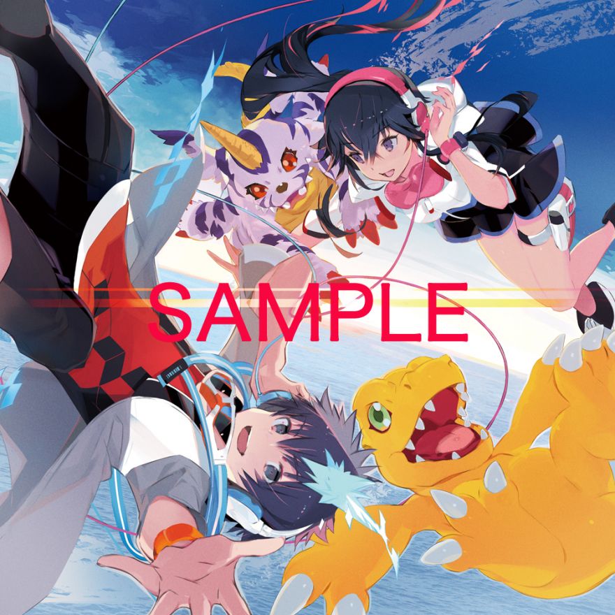 1boy 1girl agumon black_pants blue_hair claws cover creature digimon digimon_world_-next_0rder- female fur gabumon goggles goggles_around_neck green_eyes grey_jacket grey_shoes highres horn multicolored_hair official_art open_mouth pants ponytail print_shirt red_eyes shiki_(digimon_world_-next_0rder-) shirt shoes sky taiki_(luster) takuto_(digimon_world_-next_0rder-) tongue two-tone_hair watermark