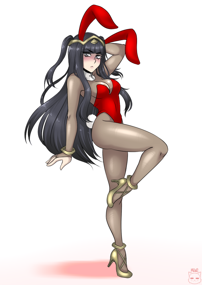 1girl animal_ears black_hair blush bodystocking breasts bunny_tail bunnysuit cleavage detached_collar fire_emblem fire_emblem:_kakusei full_body high_heels hime_cut leg_up leotard long_hair looking_at_viewer nintendo rabbit_ears solo spewing_mews standing_on_one_leg tail tharja tiara two_side_up
