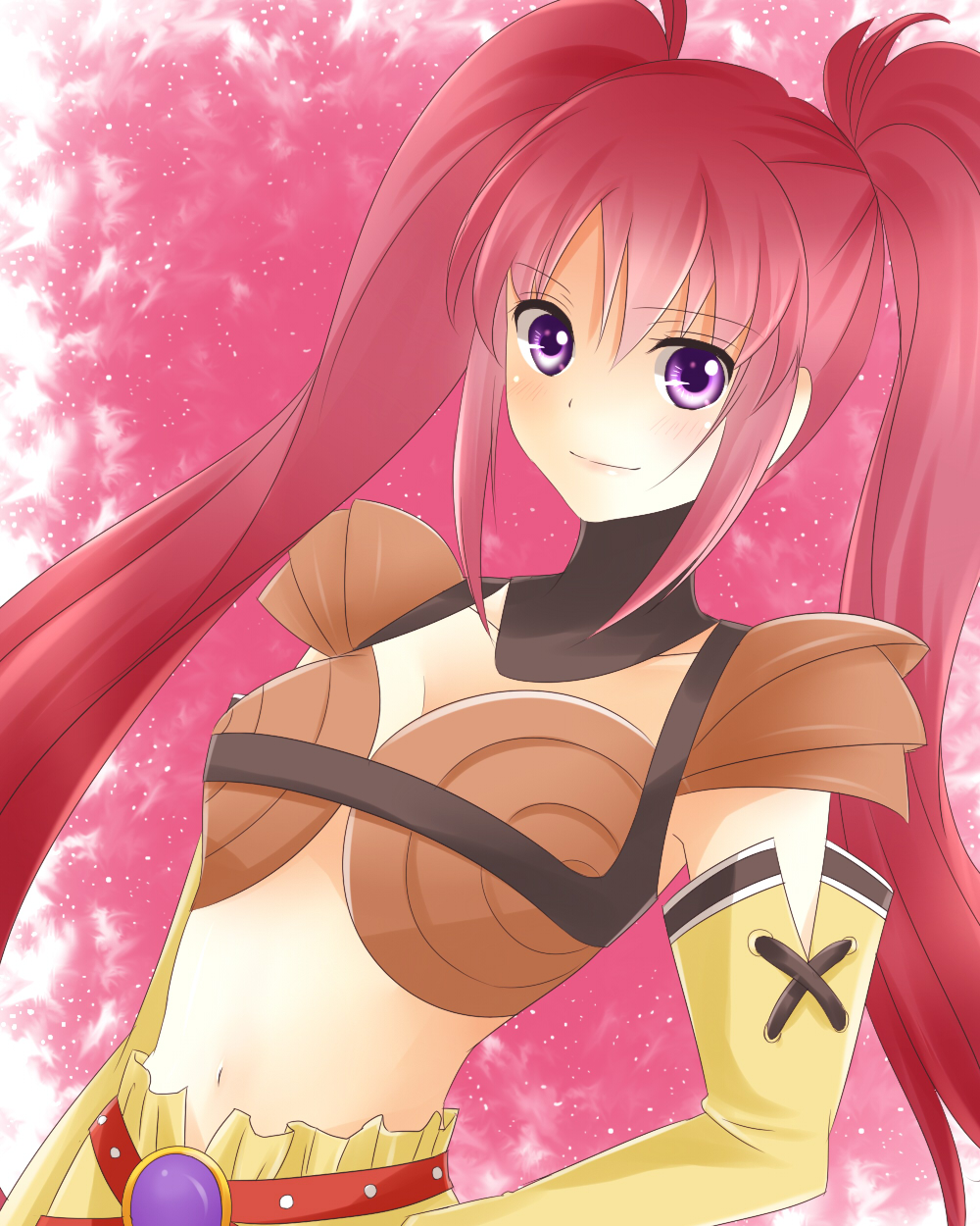 1girl belt blush breasts choker cleavage elbow_gloves gloves long_hair midriff nanaly_fletch navel redhead smile tales_of_(series) tales_of_destiny_2 twintails violet_eyes