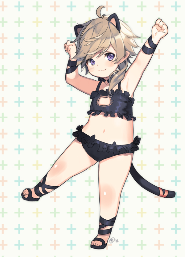 1girl :3 cat_cutout cat_ears cat_keyhole_bra cat_lingerie cat_tail cleavage_cutout final_fantasy final_fantasy_xiv flat_chest lalafell looking_at_viewer naguri navel sandals solo stomach tail underwear