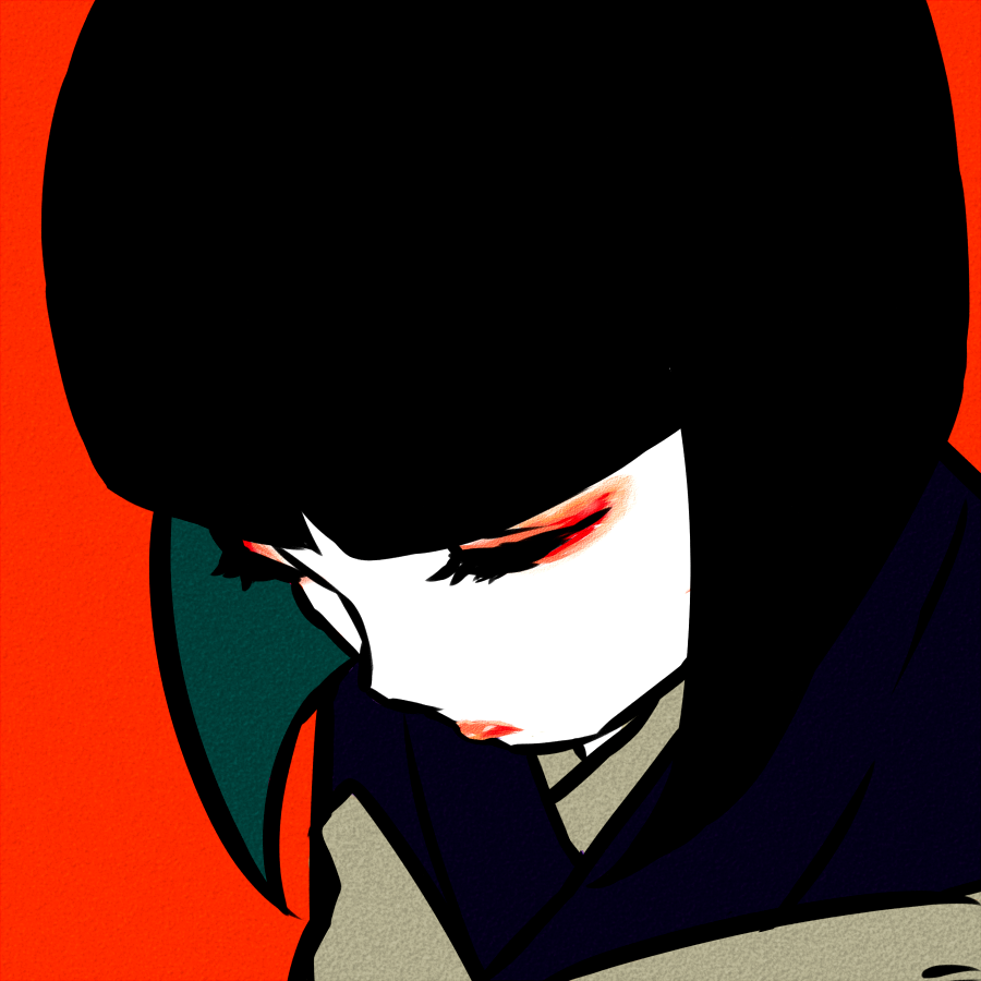 1boy androgynous black_hair child close-up closed_eyes crossdressinging eyeshadow flat_color hunter_x_hunter japanese_clothes kalluto_zoldyck kimono lipstick makeup male_focus red_background simple_background solo traditional_clothes trap