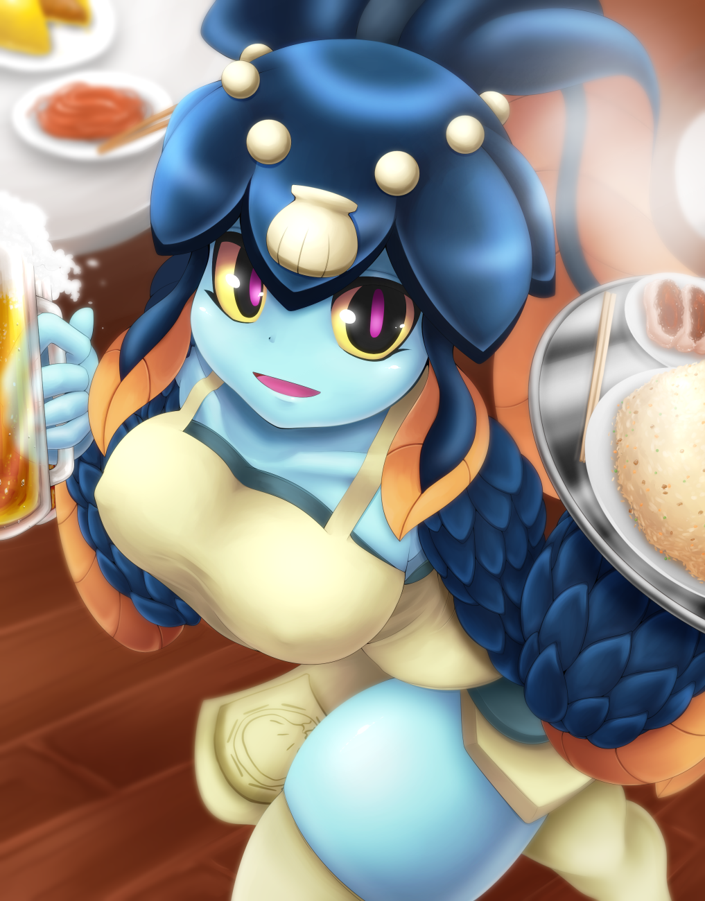 1girl alcohol apron bangs beer beer_mug blue_skin blunt_bangs breasts bugge_man collarbone female fish_girl glass hair_ornament highres medium_breasts minette_(skullgirls) monster_girl open_mouth pink_eyes scales shell skullgirls solo thick_thighs thigh-highs thighs waitress yellow_sclera