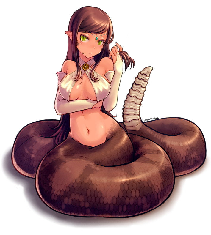 1girl breasts brown_hair cleavage female foxfoot green_eyes lamia long_hair monster_girl navel original pointy_ears rattlesnake scales simple_background solo white_background