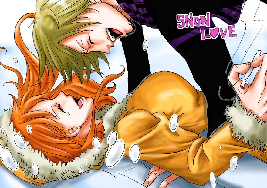 1boy 1girl ammy0922 black_outfit black_suit blonde_hair boy_on_top cigarette closed_eyes couple fanart_from_pixiv formal holding_object laying_on_floor long_hair medium_hair nami_(one_piece) one_piece open_mouth orange_clothes orange_coat orange_hair sanji smile snow straw_hat_pirates suit winter_clothes