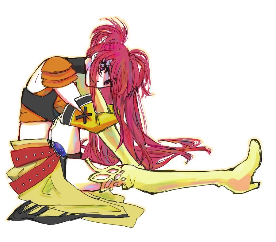 1girl belt boots breasts cleavage elbow_gloves gloves long_hair midriff nanaly_fletch redhead short_shorts shorts tales_of_(series) tales_of_destiny_2 thigh_boots twintails violet_eyes