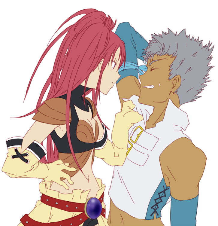 1boy 1girl bare_shoulders belt breasts cleavage closed_eyes dark_skin elbow_gloves gloves grey_hair long_hair loni_dunamis midriff nanaly_fletch navel open_mouth redhead short_hair short_shorts shorts tales_of_(series) tales_of_destiny_2 twintails violet_eyes