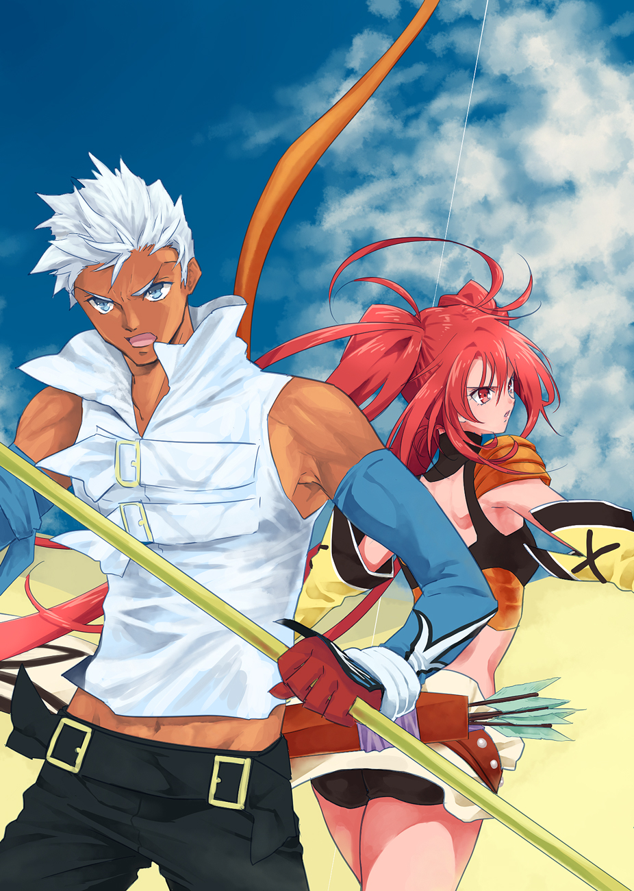 1boy 1girl ass back bare_shoulders belt blue_eyes bow_(weapon) breasts elbow_gloves gloves long_hair loni_dunamis midriff nanaly_fletch open_mouth pants red_eyes redhead short_hair short_shorts shorts tales_of_(series) tales_of_destiny_2 twintails weapon white_hair