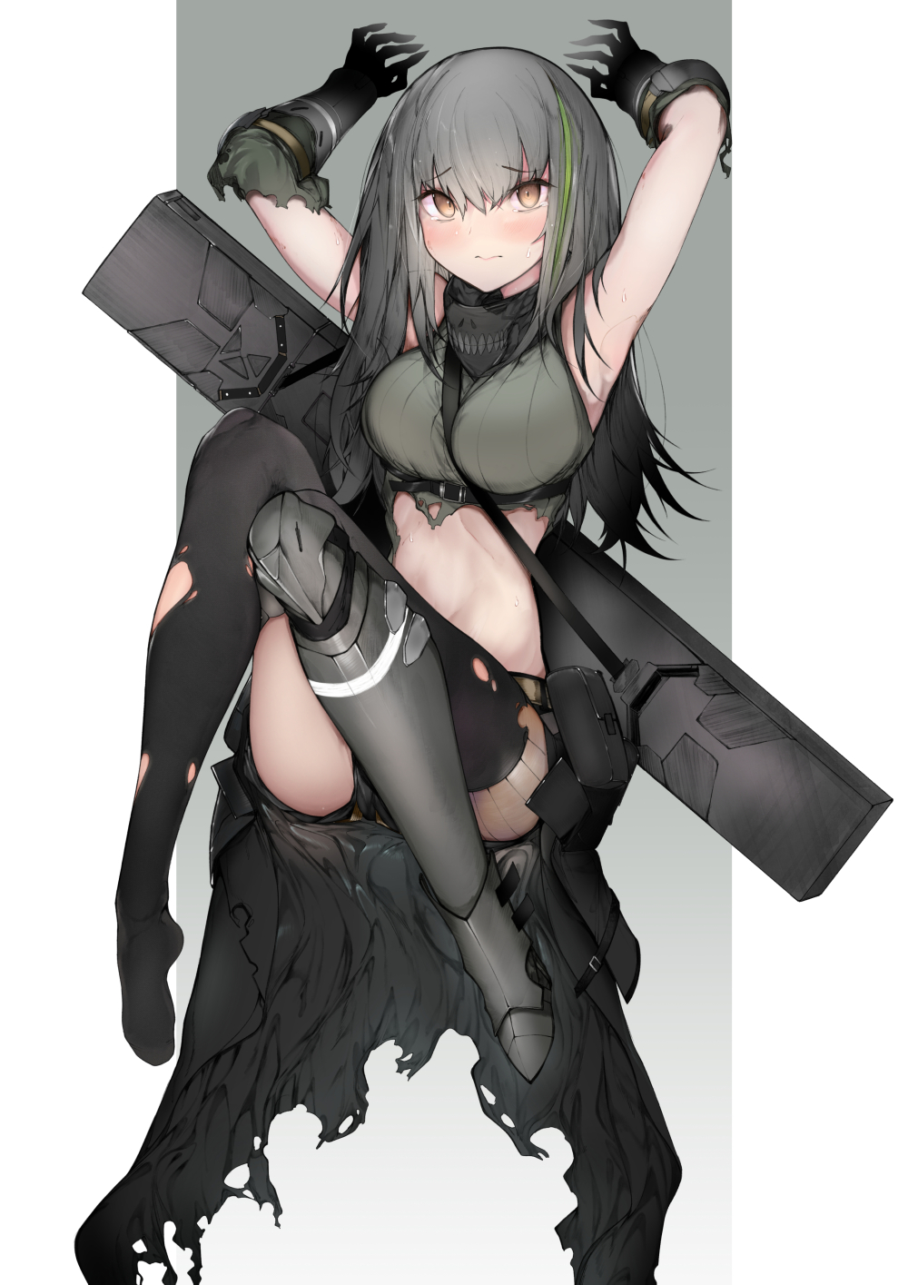 1girl black_legwear blush breasts brown_eyes clothes_around_waist ekuesu girls_frontline green_hair grey_hair highres jacket jacket_around_waist large_breasts long_hair m4a1_(girls'_frontline) multicolored_hair solo streaked_hair thigh-highs torn_clothes torn_jacket torn_legwear