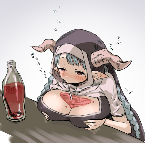 1girl blue_hair blush braid breast_hold breasts cleavage cleavage_cutout drinking female hood horns large_breasts long_hair natsuhiko pointy_ears red_eyes solo straw