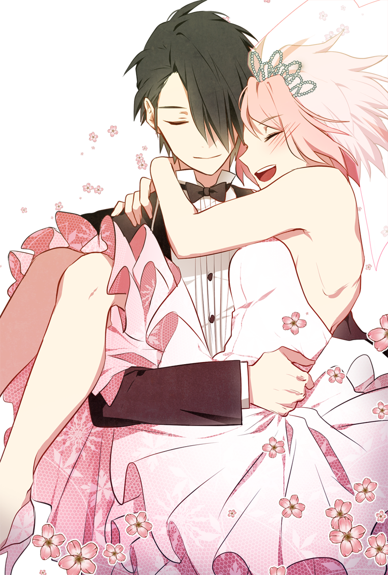 1boy 1girl armpits black_hair boruto:_the_movie bowtie closed_eyes flower hair_over_one_eye happy haruno_sakura husband_and_wife naruto nipye pink_dress pink_hair princess_carry smile strapless_dress tiara tuxedo uchiha_sasuke veil wedding_dress