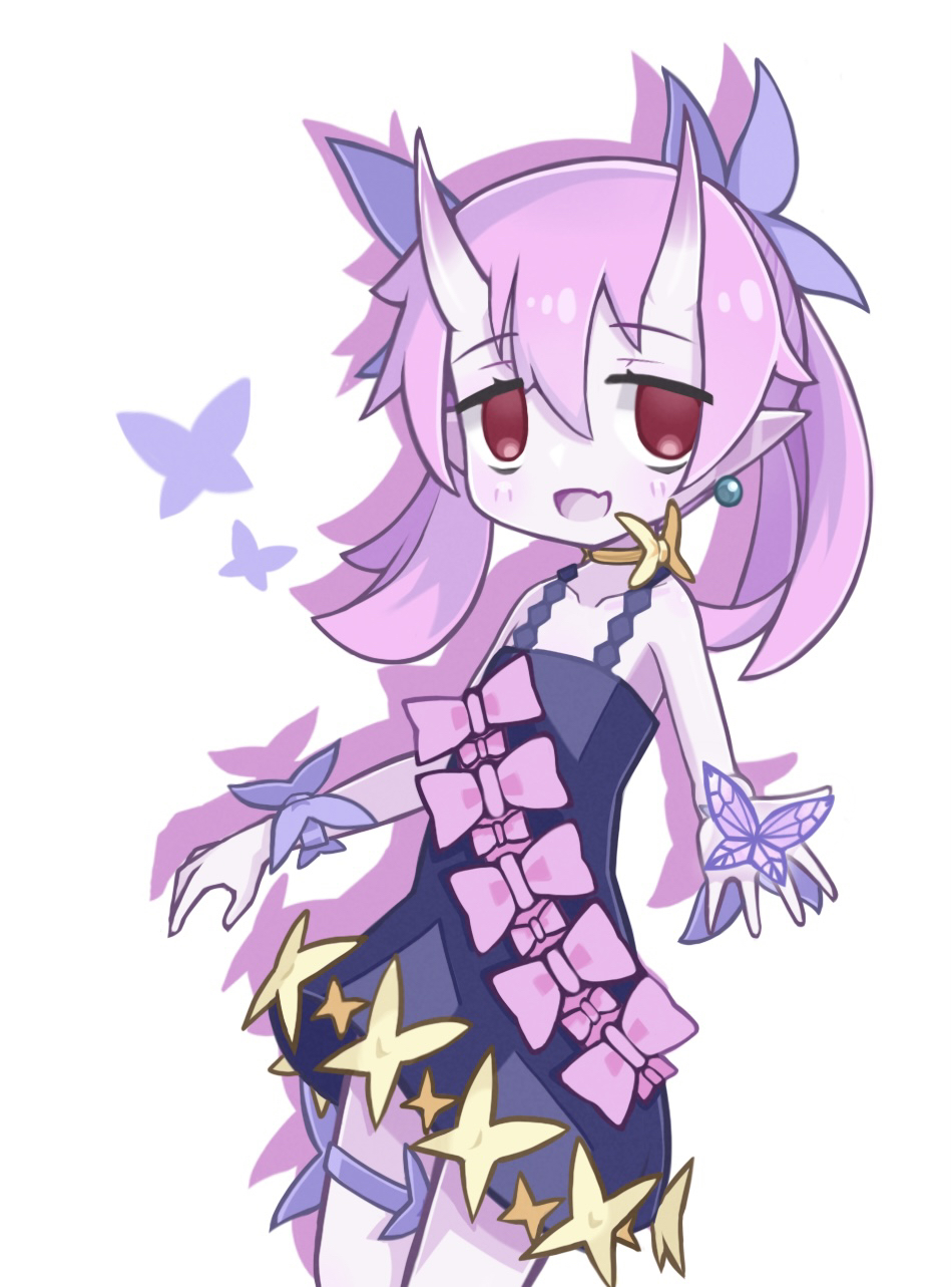 1girl :d bieko_(disgaea) blue_dress bow bug butterfly choker collarbone colored_skin cowboy_shot disgaea dress dress_bow earrings hair_ornament highres horns jewelry legs_together looking_at_viewer makai_senki_disgaea_6 medium_hair open_mouth pink_bow pink_hair pink_skin pointy_ears purple_bow red_eyes short_dress simple_background skin-covered_horns smile solo standing suaman thighlet twintails white_background wrist_bow yellow_choker