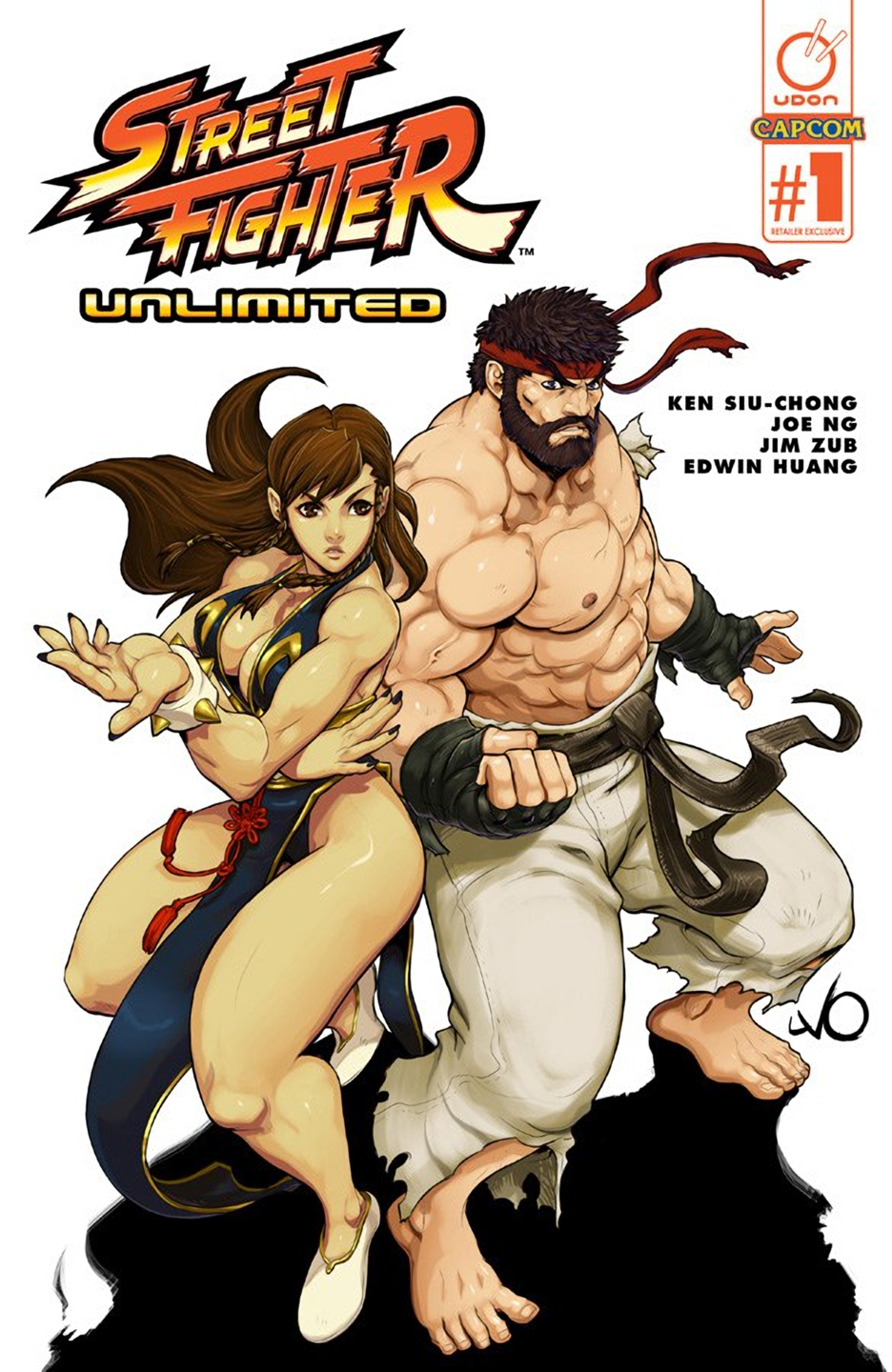 1boy 1girl abs alternate_costume alternate_hairstyle back-to-back bare_legs barefoot beard biceps breasts capcom china_dress chinese_clothes chun-li cleavage cover curvy dress facial_hair female fighting_stance headband muscle official_art pecs pose ryuu_(street_fighter) serious shiny shiny_skin shirtless solo street_fighter street_fighter_v thick_thighs toes