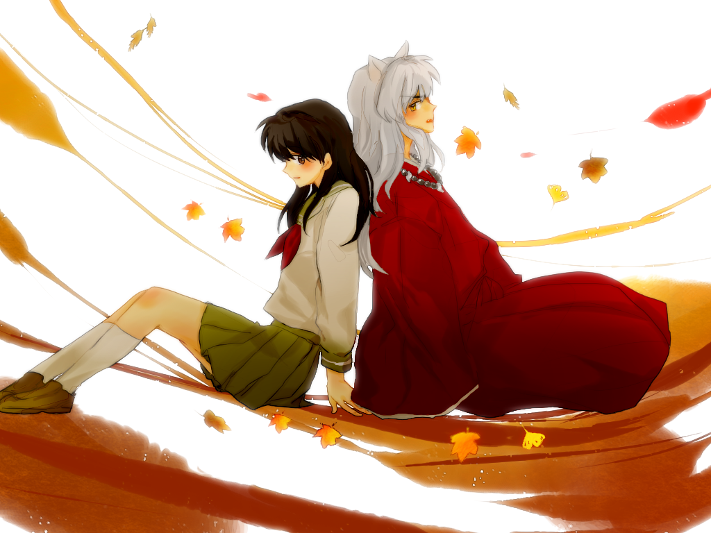 1boy 1girl animal_ears back_to_back black_hair brown_eyes couple dog_ears higurashi_kagome inuyasha inuyasha_(character) japanese_clothes long_hair school_uniform serafuku sword weapon white_hair yellow_eyes