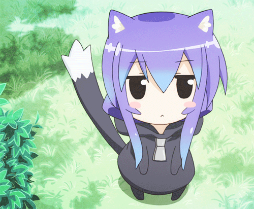 1girl acchi_kocchi animal_ears animated animated_gif blue_hair blush cat_ears cat_tail chibi female grass hood hoodie long_hair looking_at_viewer miniwa_tsumiki open_mouth outdoors plant screencap shiny shiny_hair standing straight_hair sweater tail tail_wagging