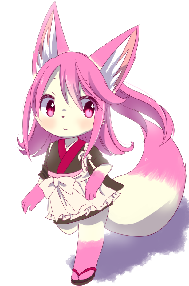 1girl female fox full_body furry japanese_clothes kemoribon long_hair pink_eyes pink_hair sandals skirt solo white_background