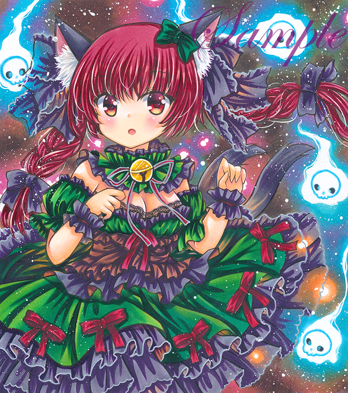 1girl :o animal_ear_fluff animal_ears bell black_ribbon blush braid breasts cat_ears cat_tail cowboy_shot detached_collar downblouse eyebrows_visible_through_hair frilled_ribbon frilled_shirt_collar frilled_skirt frills green_skirt hair_ribbon hitodama jingle_bell kaenbyou_rin looking_at_viewer marker_(medium) medium_breasts medium_hair multiple_tails neck_bell open_mouth red_eyes red_ribbon redhead ribbon rui_(sugar3) sample skirt skull solo tail touhou traditional_media twin_braids two_tails