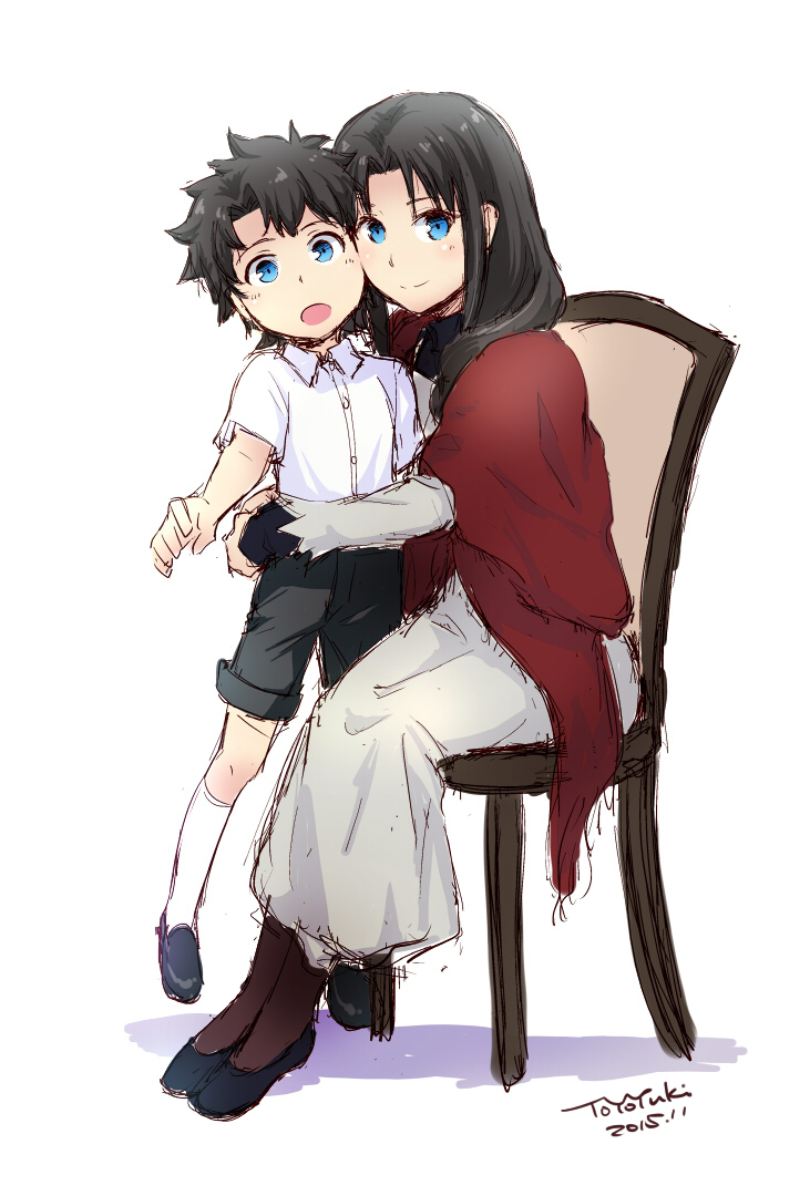 1boy 1girl aqua_eyes black_hair fate/grand_order fate/stay_night fate_(series) hair_down long_hair male_protagonist_(fate/grand_order) older short_hair tohsaka_rin younger