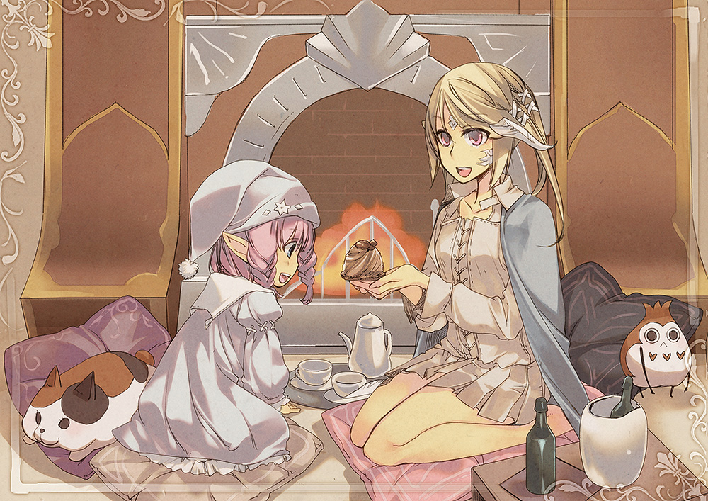 2girls au_ra final_fantasy final_fantasy_xiv fire fireplace hisato_ar horns lalafell multiple_girls pajamas pillow pink_hair pointy_ears