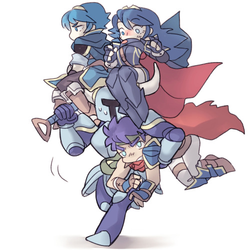 1girl 3boys armor blue_hair carrying fire_emblem horns ike lucina multiple_boys nintendo shovel shovel_knight shovel_knight_(character) super_smash_bros. worktool