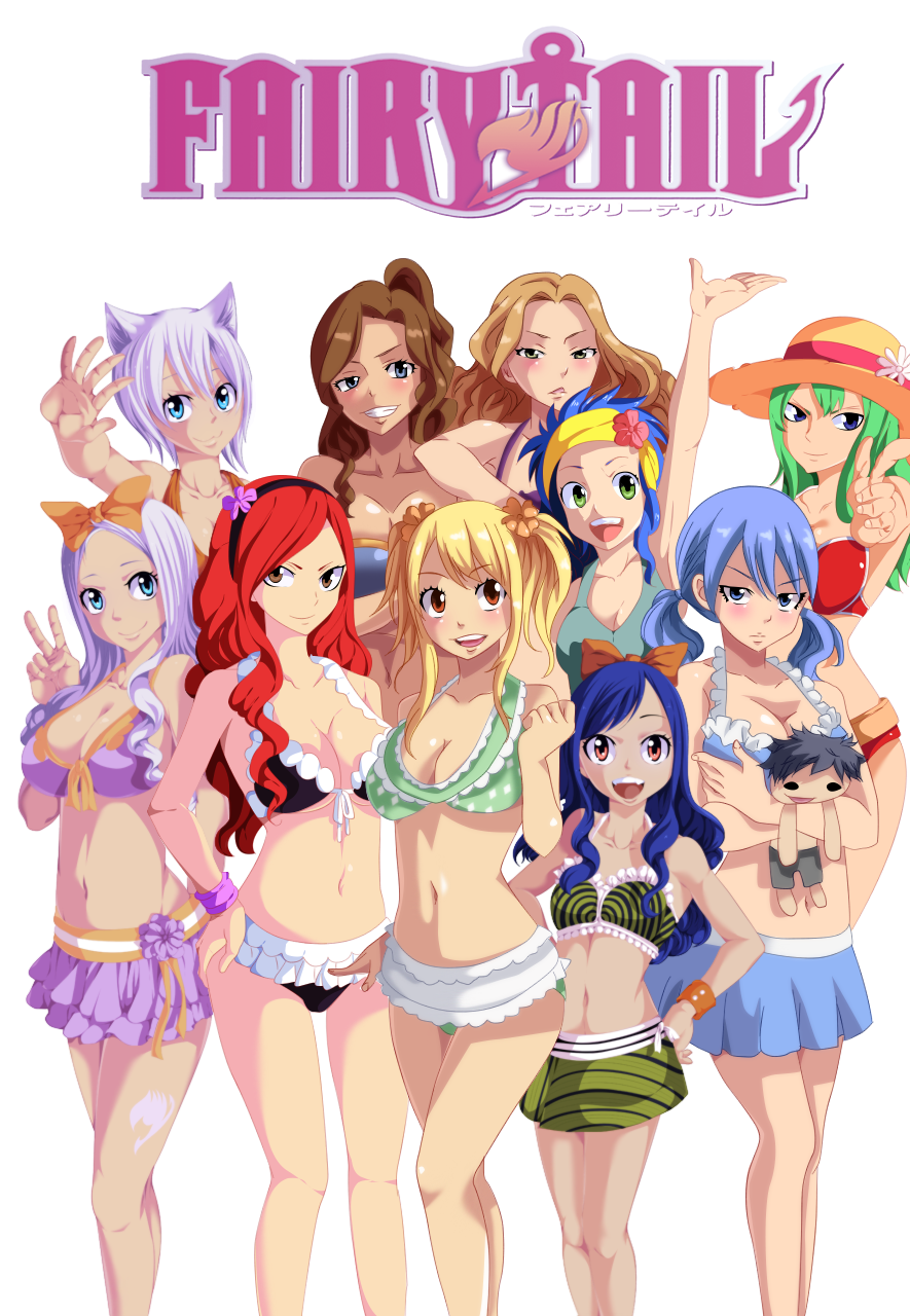 6+girls arm_up armband armpits arms bangs bare_shoulders belly bikini bisca_mulan blonde_hair blue_eyes blue_hair blush breasts brown_eyes brown_hair cana_alberona chest doll elbow erza_scarlet evergreen_(fairy_tail) eyebrows eyelashes fairy_tail female fingernails fingers flat_chest forehead green_eyes green_hair hair_tie hairband hands hands_on_hips hat hips juvia_loxar kanji knees legs levy_mcgarden lips lisanna_strauss long_hair looking_at_viewer lucy_heartfilia mirajane_strauss multiple_girls naughty_face navel open_mouth pointing purple_hair redhead short_hair shoulders simple_background simple_teeth small_breasts straw_hat swimsuit tattoo teeth thighs tied_hair twintails v wavy_hair wendy_marvell white_background