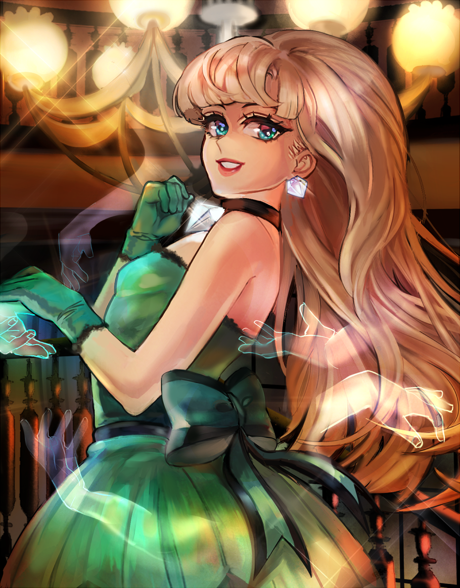 1girl blonde_hair blue_eyes bow disney dominica_([=^o^=]) dress ghost gloves gravity_falls green_dress lipstick long_hair makeup pacifica_northwest