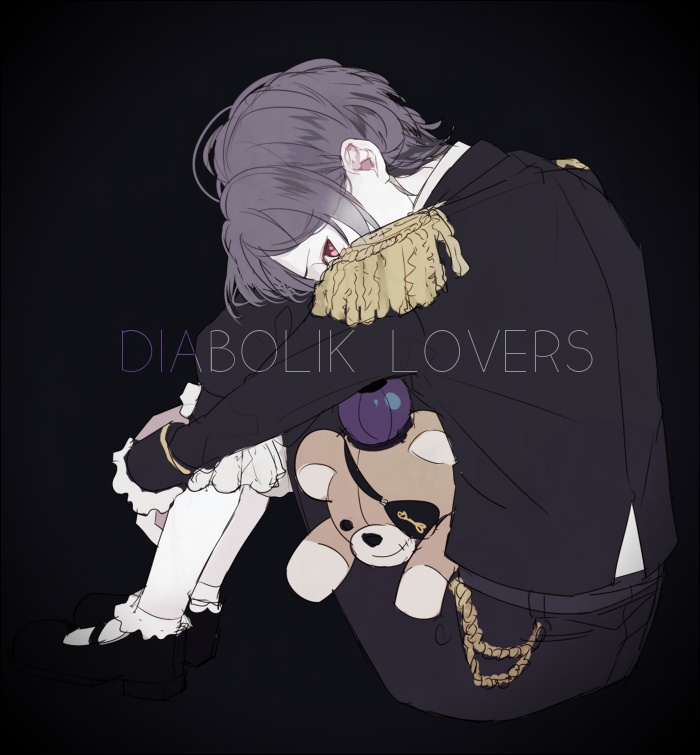 1boy black_background capri_pants copyright_name covered_mouth crown diabolik_lovers eyepatch frills full_body gradient gradient_background head_rest knees_up looking_at_viewer male_focus mary_janes norita_(noritttta) pants purple_hair raised_eyebrows red_eyes sakamaki_kanato shoes simple_background sitting solo stuffed_animal stuffed_toy teddy_(diabolik_lovers) teddy_bear