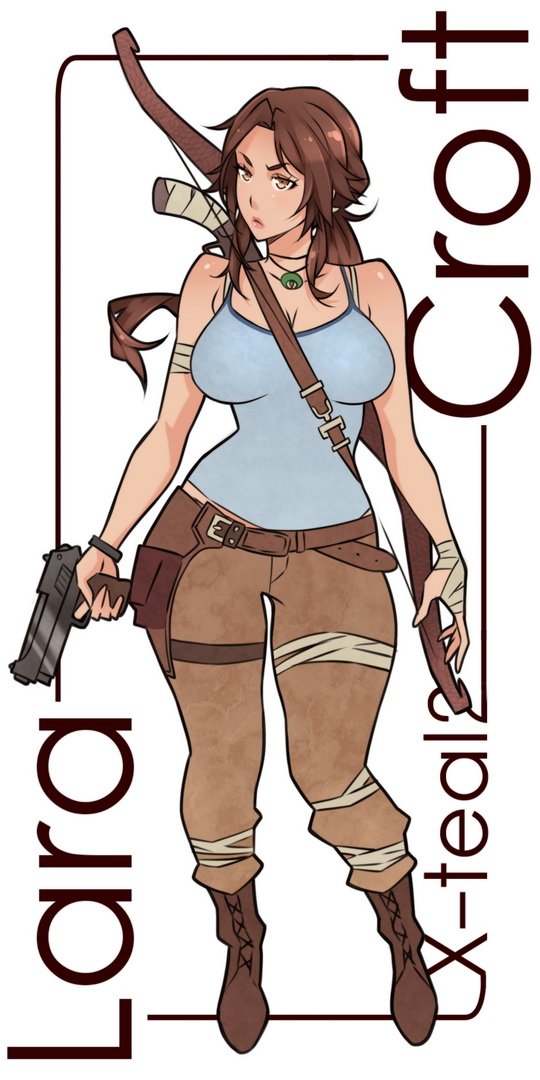 1girl bow_(weapon) brown_hair full_body gun handgun jewelry lara_croft looking_at_viewer necklace ponytail solo tank_top tomb_raider weapon x-teal2