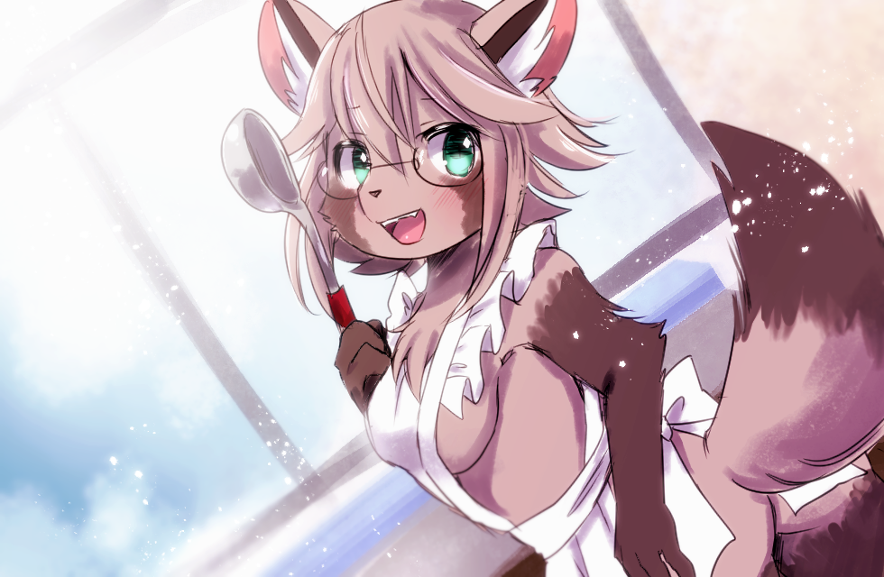 1girl aqua_eyes breasts brown_hair female furry glasses gradient gradient_background indoors kemoribon open_mouth raccoon short_hair solo