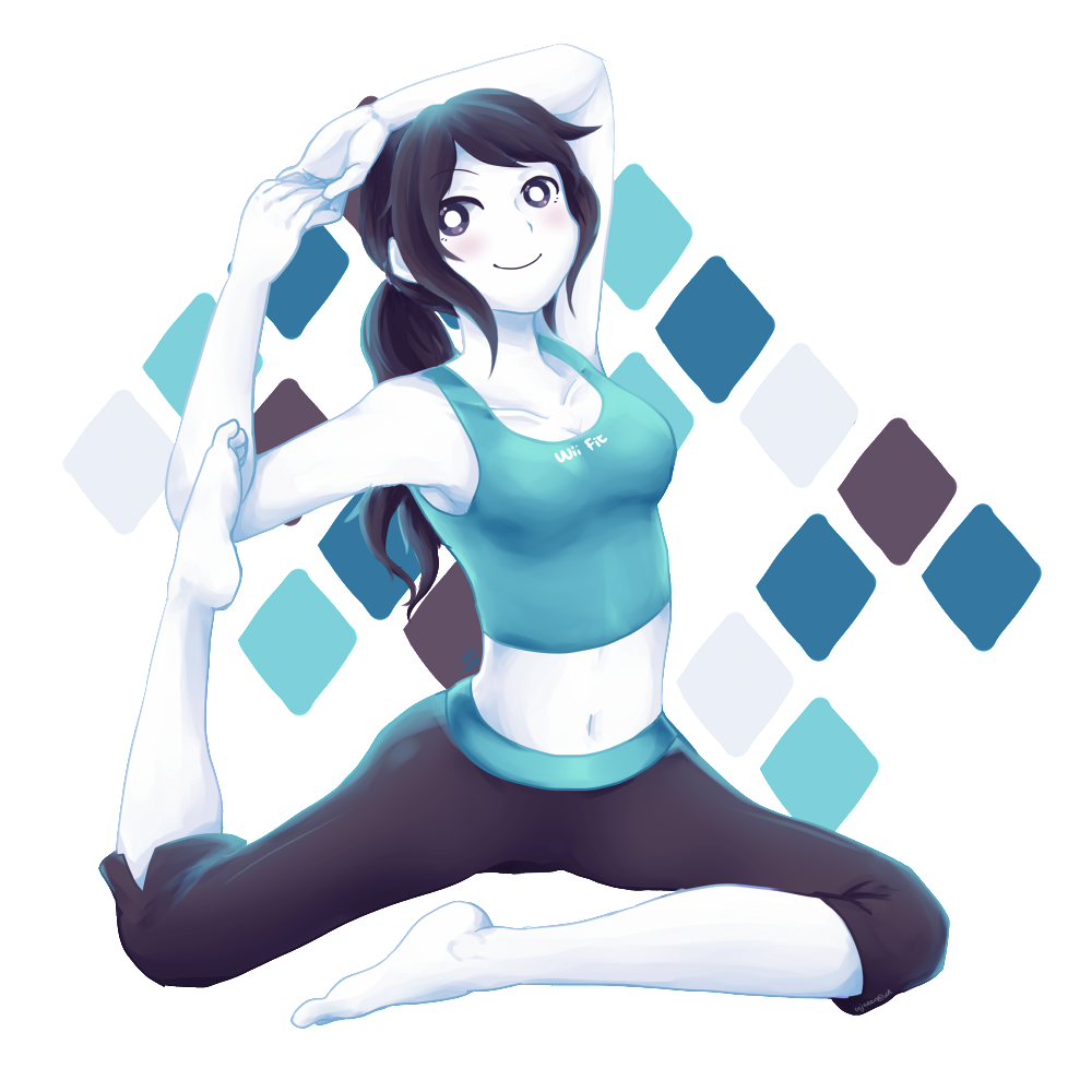 1girl barefoot blush feet flexible grey_hair harlequin_(pattern) looking_at_viewer midriff navel nintendo pale_skin smile solo stomach stretch tank_top tejennn wii_fit wii_fit_trainer yoga