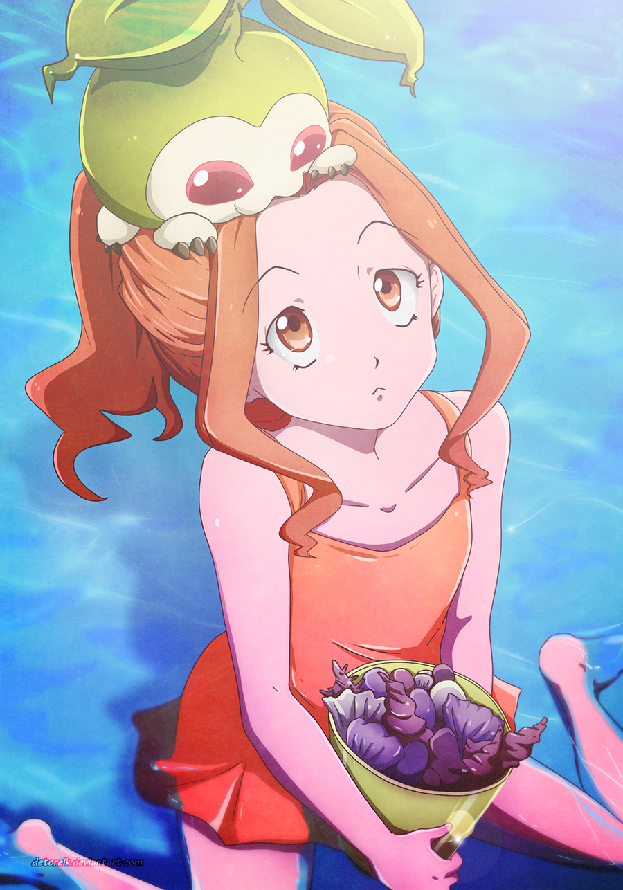 1girl breasts brown_eyes brown_hair digimon digimon_adventure long_hair ocean one-piece_swimsuit opened_eyes ponytail shells sitting small_breasts swimsuit tachikawa_mimi tanemon water